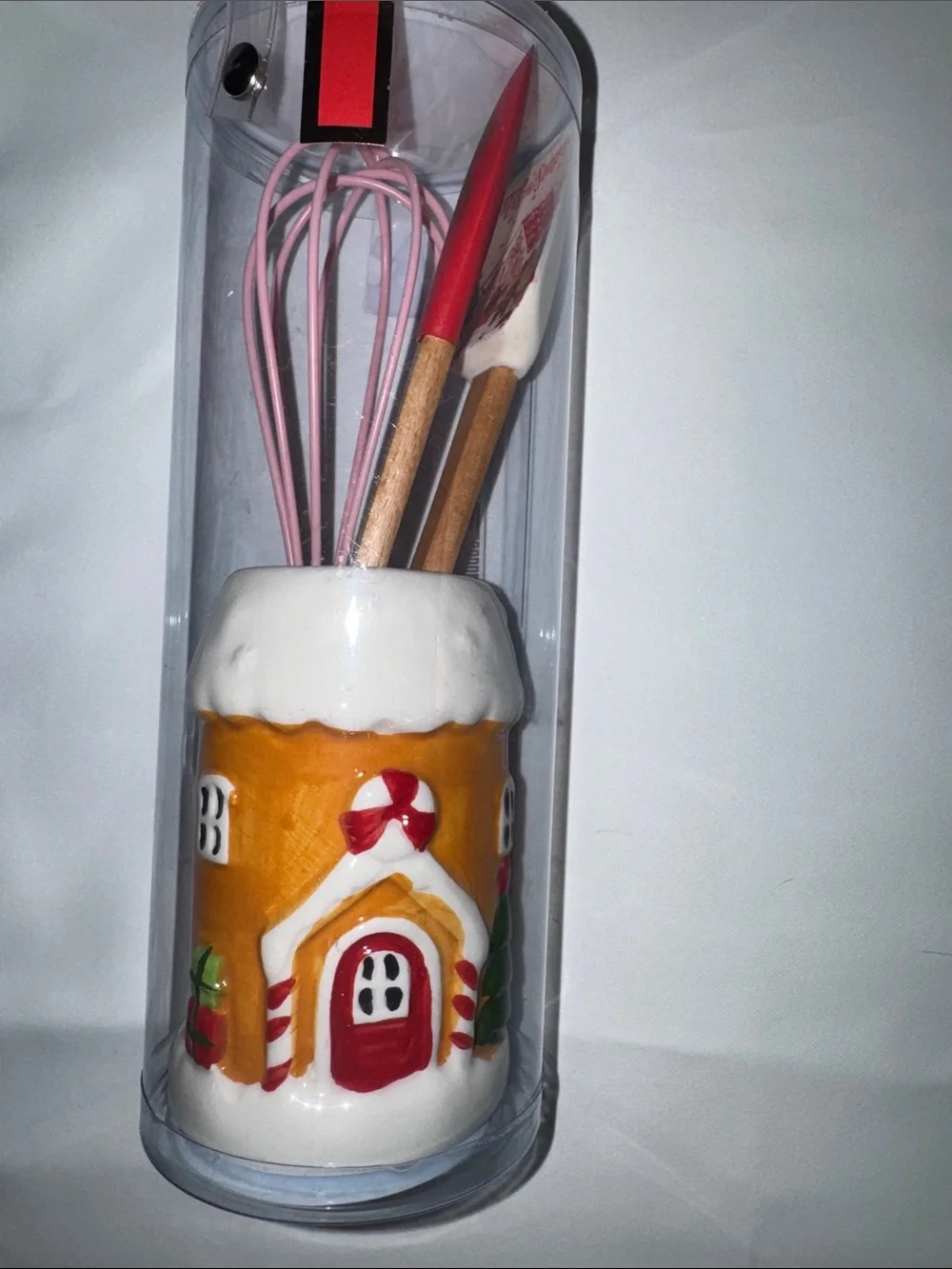 Ceramic Gingerbread House Utensil Holder with Pink Silicone Whisk